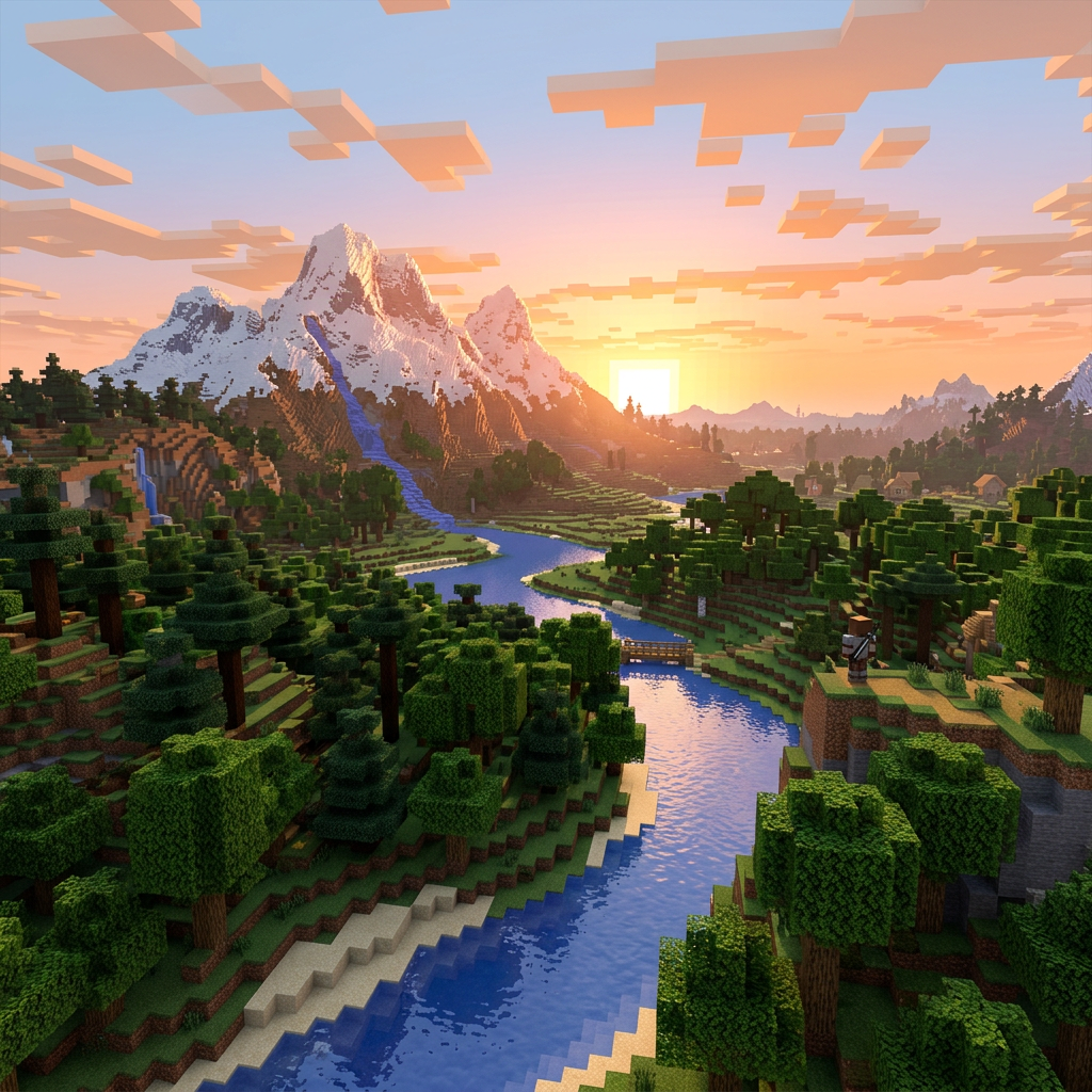 Minecraft landscape with snowy mountains, river, forest, and sunset
